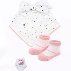 Conjunto Blanco y Rosa con Babero y Calcetines de Estrella para Bebé