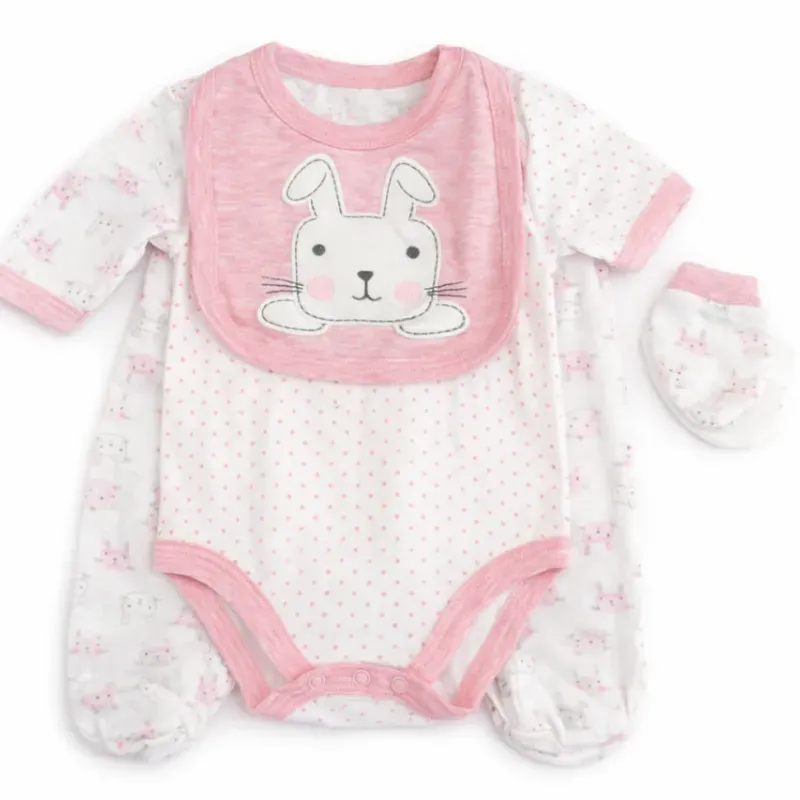 Conjunto Blanco y Rosa con Body, Babero y Guantes Conejito para Bebé