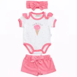 Conjunto Blanco y Rosa con Body de Helado, Cinta y Mangas para Bebé