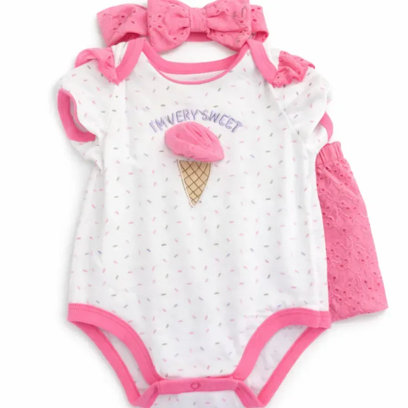 Conjunto Blanco y Rosa con Body de Helado, Cinta y Mangas para Bebé