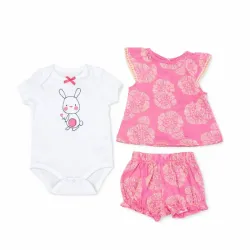 Conjunto Blanco y Rosa con Body, Top de Flores y Bloomers 