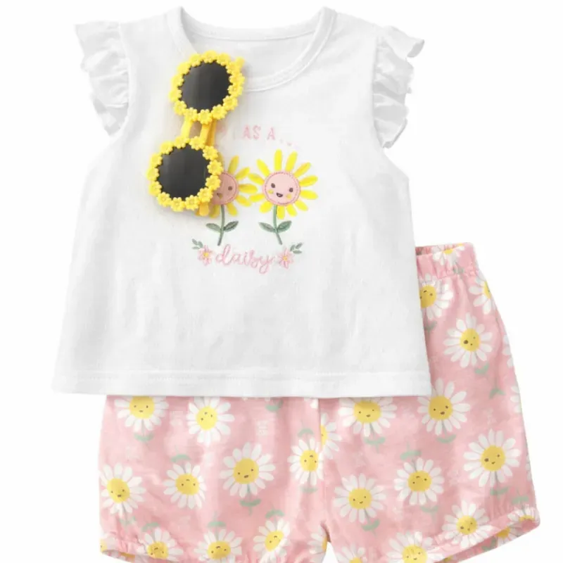 Conjunto Blanco y Rosa con Top de Girasoles, Short de Margaritas y Gafas para Bebé