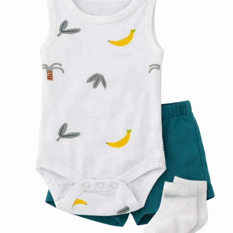 Conjunto Blanco y Verde con Body Tropical, Short y Calcetines para Bebé