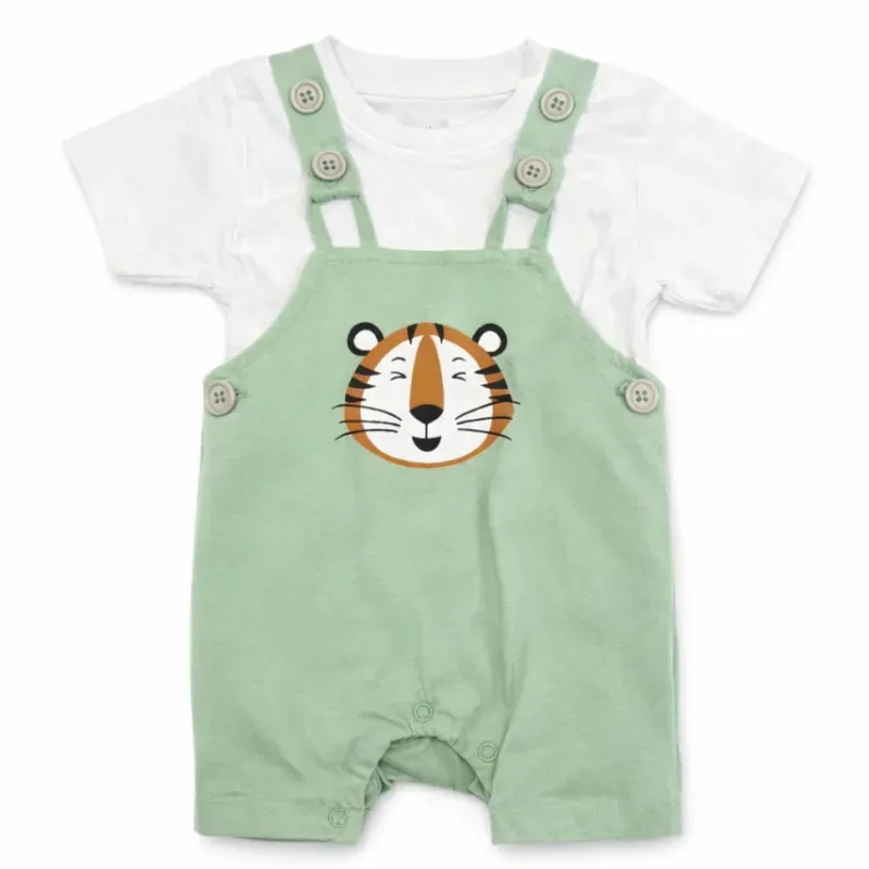 Conjunto Blanco y Verde con Camiseta y Overol de Tigre para Bebé