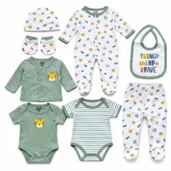 Conjunto Blanco y Verde de Animales con Abrigo, Bodys, Enterizo, Pantalón y Accesorios para Bebé