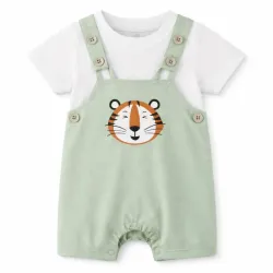 Overol Blanco y Verde Pastel con Pullover de Tigre 