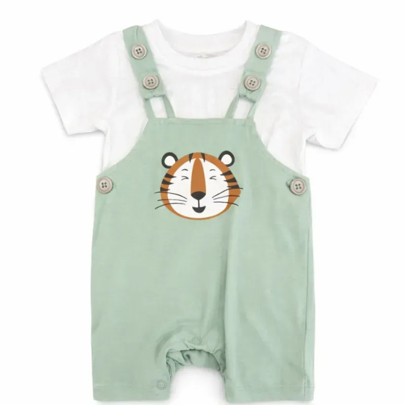 Conjunto Blanco y Verde Pastel con Camiseta y Overol de Tigre para Bebé