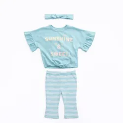 Conjunto Celeste con Blusa, Pantalón y Cinta para Bebé