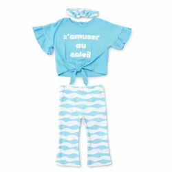 Conjunto Celeste y Blanco con Blusa, Pantalón y Cinta para Bebé