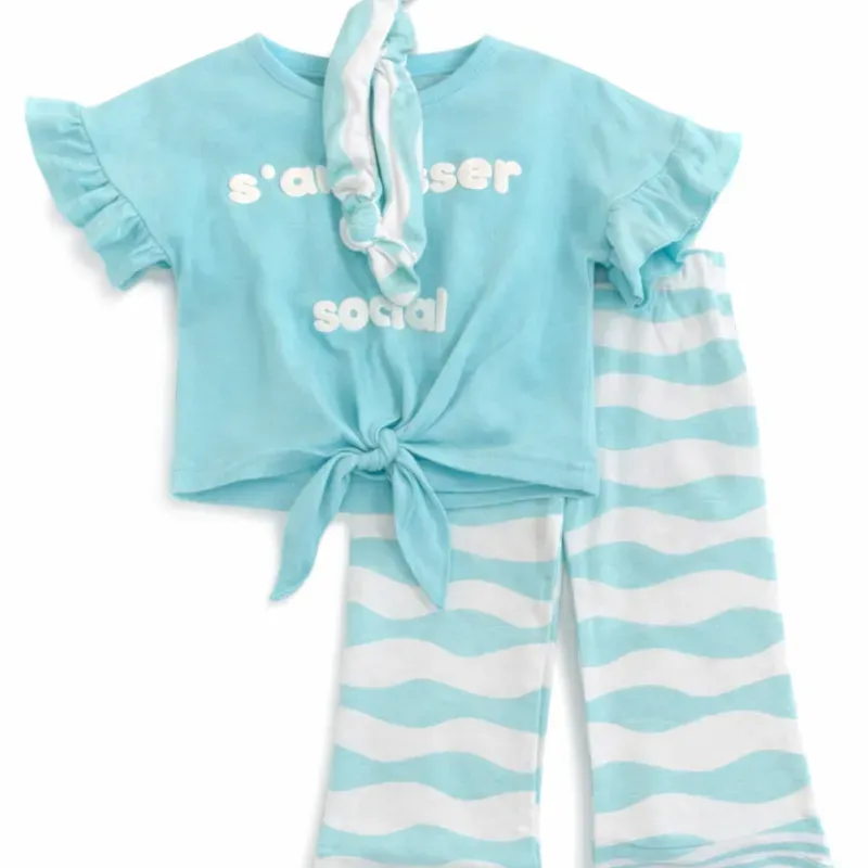 Conjunto Celeste y Blanco con Blusa, Pantalón y Cinta para Bebé