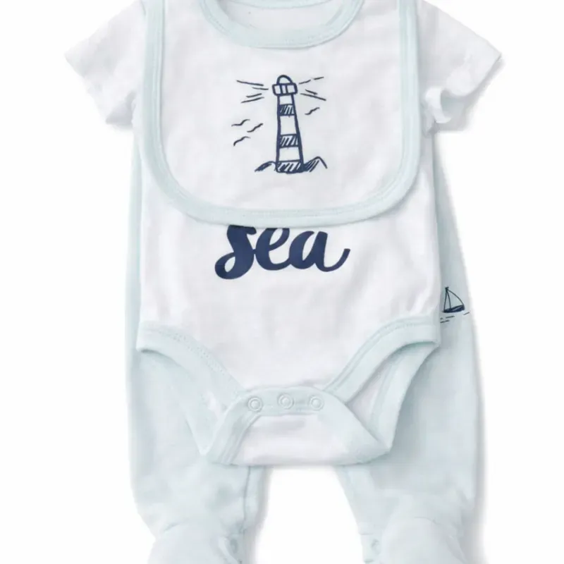 Conjunto Celeste y Blanco con Body, Pantalón y Babero para Bebé