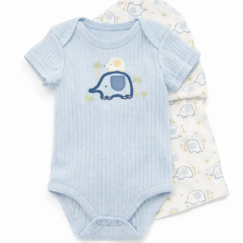 Conjunto Celeste y Blanco con Body y Gorro Elefante para Bebé
