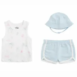 Conjunto Celeste y Blanco con Camiseta Aloha, Short y Sombrero para Bebé