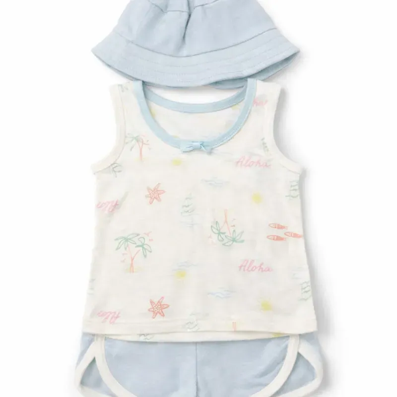 Conjunto Celeste y Blanco con Camiseta Aloha, Short y Sombrero para Bebé