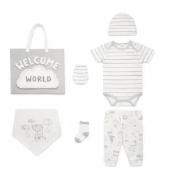 Conjunto Gris con Body, Pantalón, Gorro, Babero, Calcetines y Pijama para Bebé