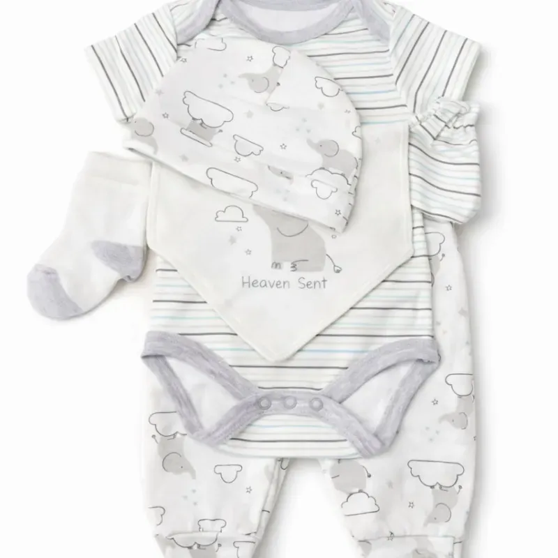Conjunto Gris con Body, Pantalón, Gorro, Babero, Calcetines y Pijama para Bebé