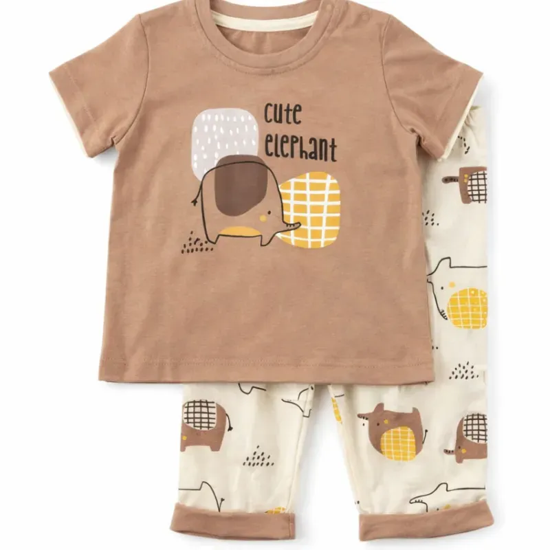 Conjunto Cute Elephant Marrón y Crema con Camiseta y Pantalón para Bebé