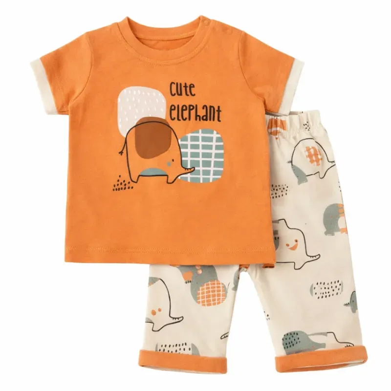 Conjunto Cute Elephant Naranja Claro y Crema con Camiseta y Pantalón para Bebé