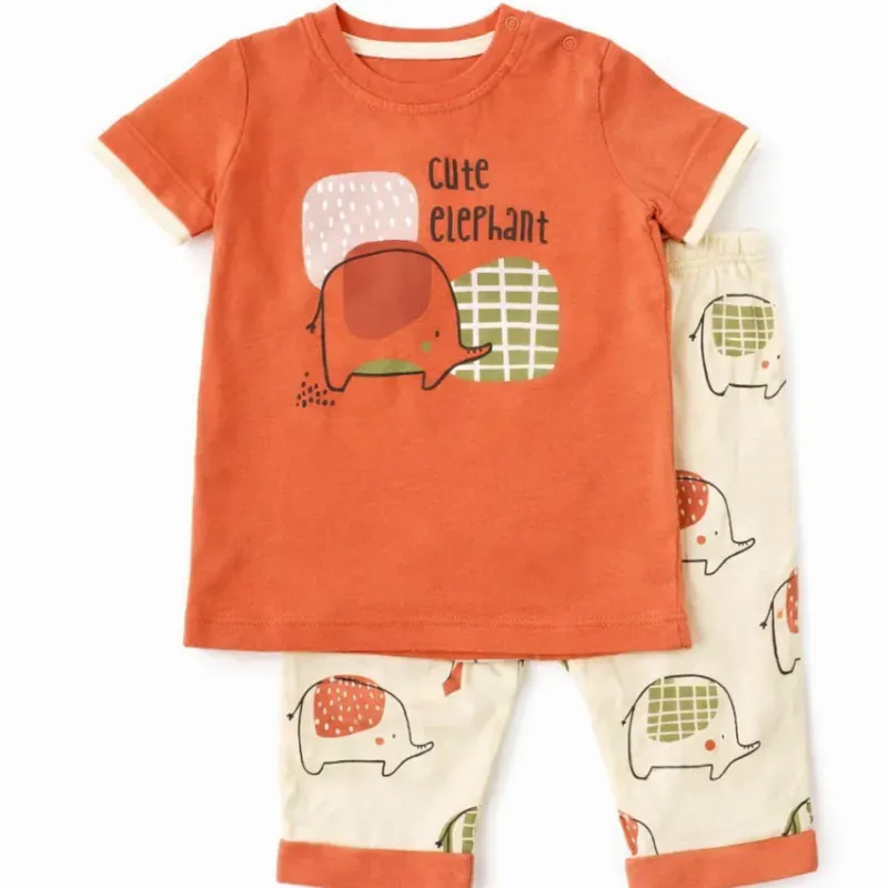 Conjunto Cute Elephant Naranja y Crema con Camiseta y Pantalón para Niño