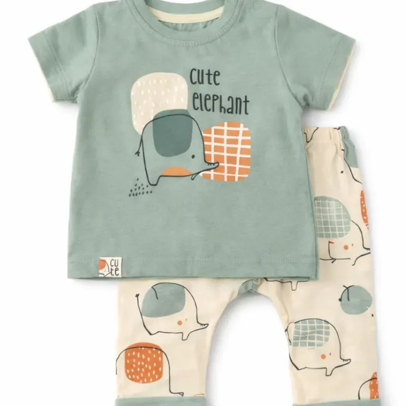 Conjunto Cute Elephant Verde y Crema con Camiseta y Pantalón para Bebé