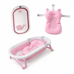 Bañera Plegable Rosa con Almohada de Baño 