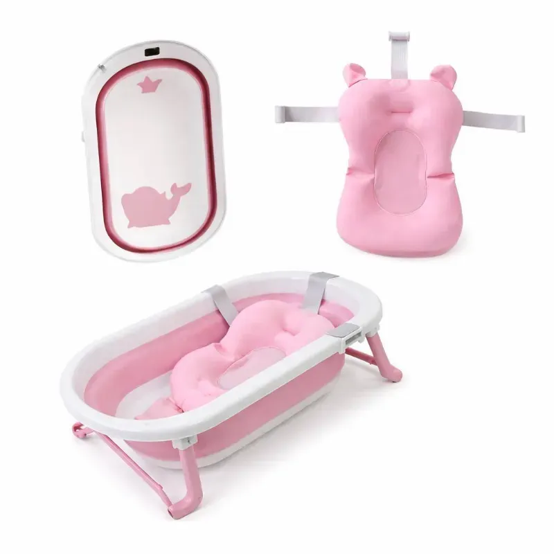 Conjunto de Bañera Plegable Rosa con Cojín para Bebé