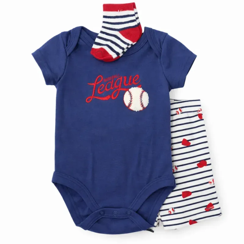 Conjunto de Bebé Baseball League con Body Azul, Pantalón Rayado y Medias