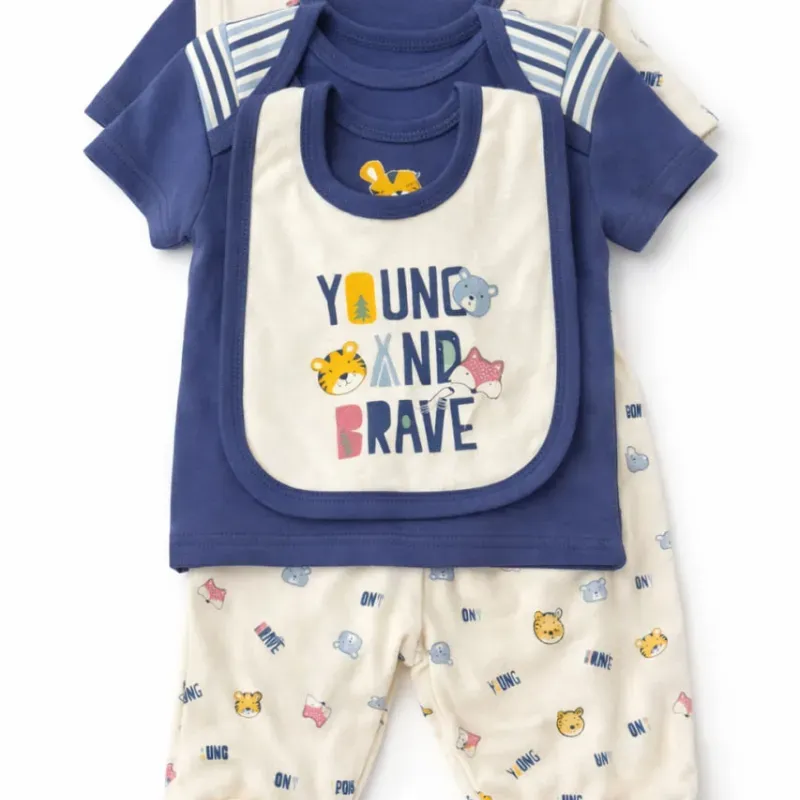 Conjunto de Bebé Young and Brave con Camiseta Azul, Babero Crema y Pantalón con Animales