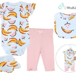 Conjunto de Body, Pantalón, Babero y Botitas para Bebé Temática Frutas