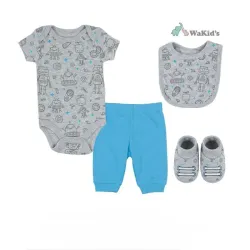 Conjunto de Body, Pantalón, Babero y Botitas para Bebé Temática Robots
