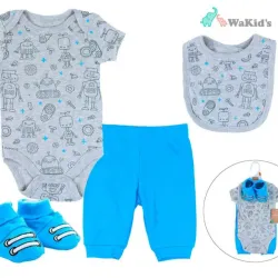 Conjunto de Body, Pantalón, Babero y Botitas para Bebé Temática Robots
