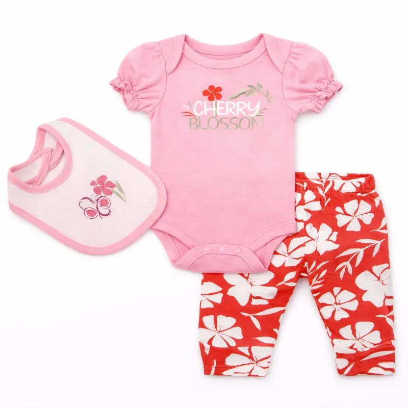 Conjunto de Body, Pantalón y Babero para Bebé Temática Flores