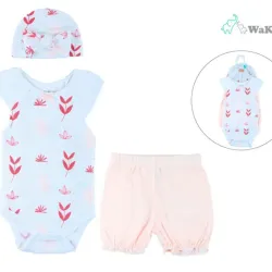 Conjunto de Enterizo, Bloomers y Gorro para Bebé Temática Flores