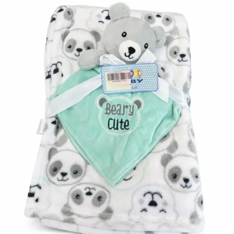 Conjunto de Manta Blanca con Panda y Osito Verde para Bebé
