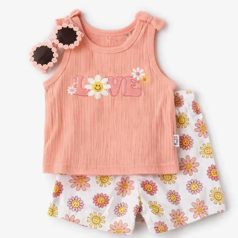 Conjunto Durazno y Blanco con Top, Short de Flores y Gafas para Bebé