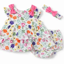 Conjunto Floral Blanco con Vestido, Cubrepañal y Cinta 