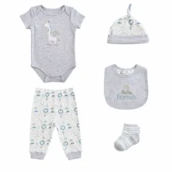Conjunto Gris y Azul con Body, Pantalón y Accesorios Animalitos para Bebé