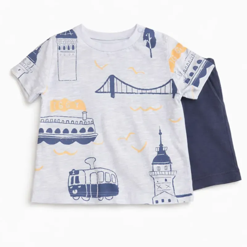 Conjunto Gris y Azul con Camiseta de Tranvías y Short para Bebé