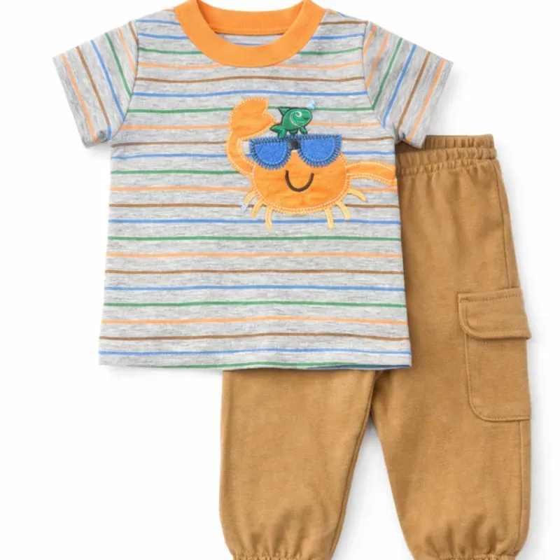 Conjunto Gris y Marrón con Camiseta de Rayas Coloridas y Pantalón para Bebé