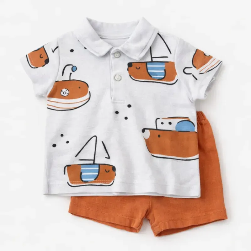 Conjunto Gris y Naranja con Pullover de Cuello y Short para Niño