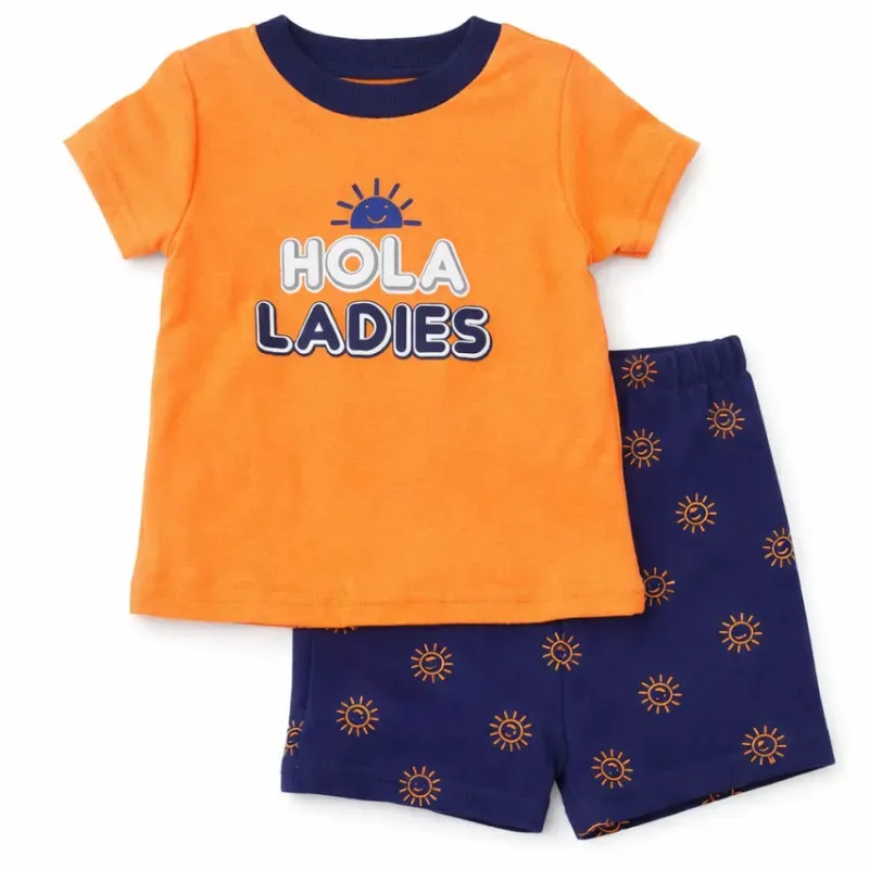 Conjunto Hello Ladies Naranja y Azul con Camiseta y Short para Bebé