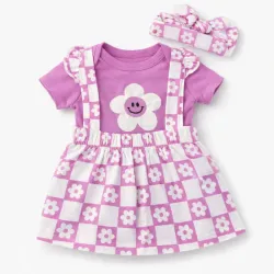 Conjunto Morado con Body, Falda y Cinta de Flores 