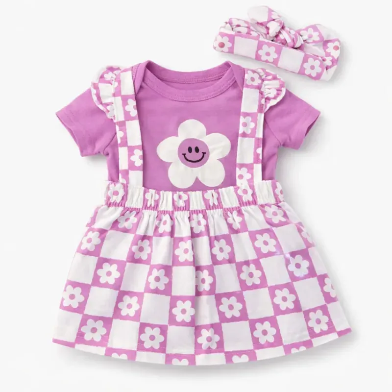 Conjunto Morado con Body, Falda y Cinta de Flores para Bebé