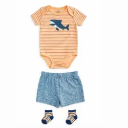 Conjunto Naranja y Azul con Body, Short y Medias de Tiburón para Bebé
