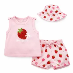 Conjunto Rosa de Fresas con Blusa, Short y Sombrero 