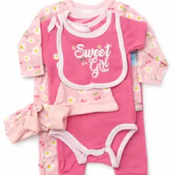 Conjunto Rosa con Body, Pantalón, Babero, Gorro y Cinta Sweet Girl para Bebé