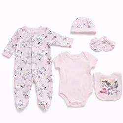 Conjunto Rosa de Unicornio con Body, Enterizo, Babero y Accesorios