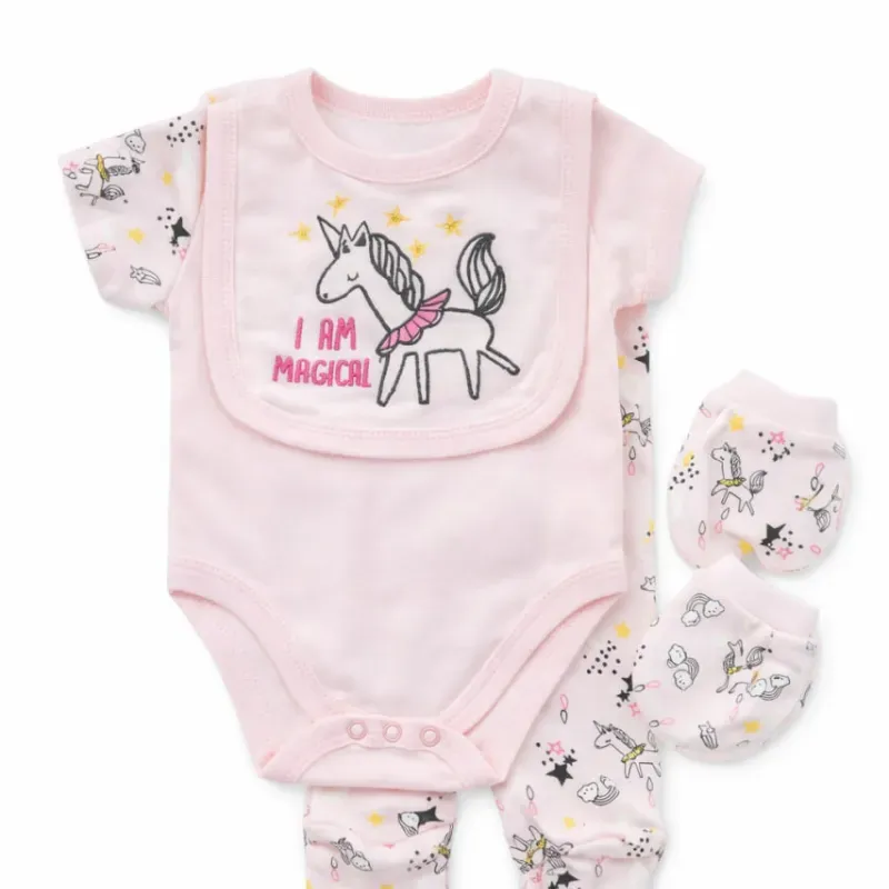 Conjunto Rosa con Body, Pantalón, Babero y Guantes de Unicornio para Bebé