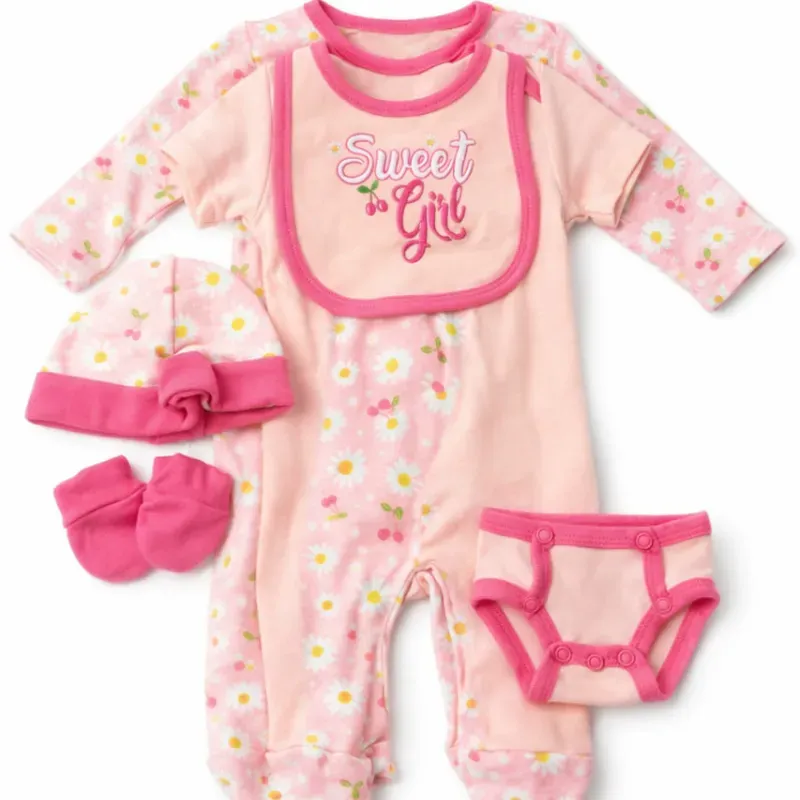 Conjunto Rosa con Body, Pijama, Babero, Gorro y Guantes Sweet Girl para Bebé