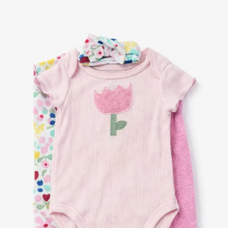 Conjunto Rosa de Flores con Bodys y Moño para Bebé